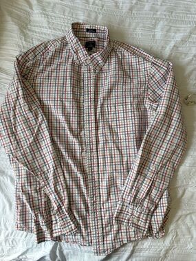 J. Crew White Button-Down Shirt Slim untucked with Red and Blue Plaid